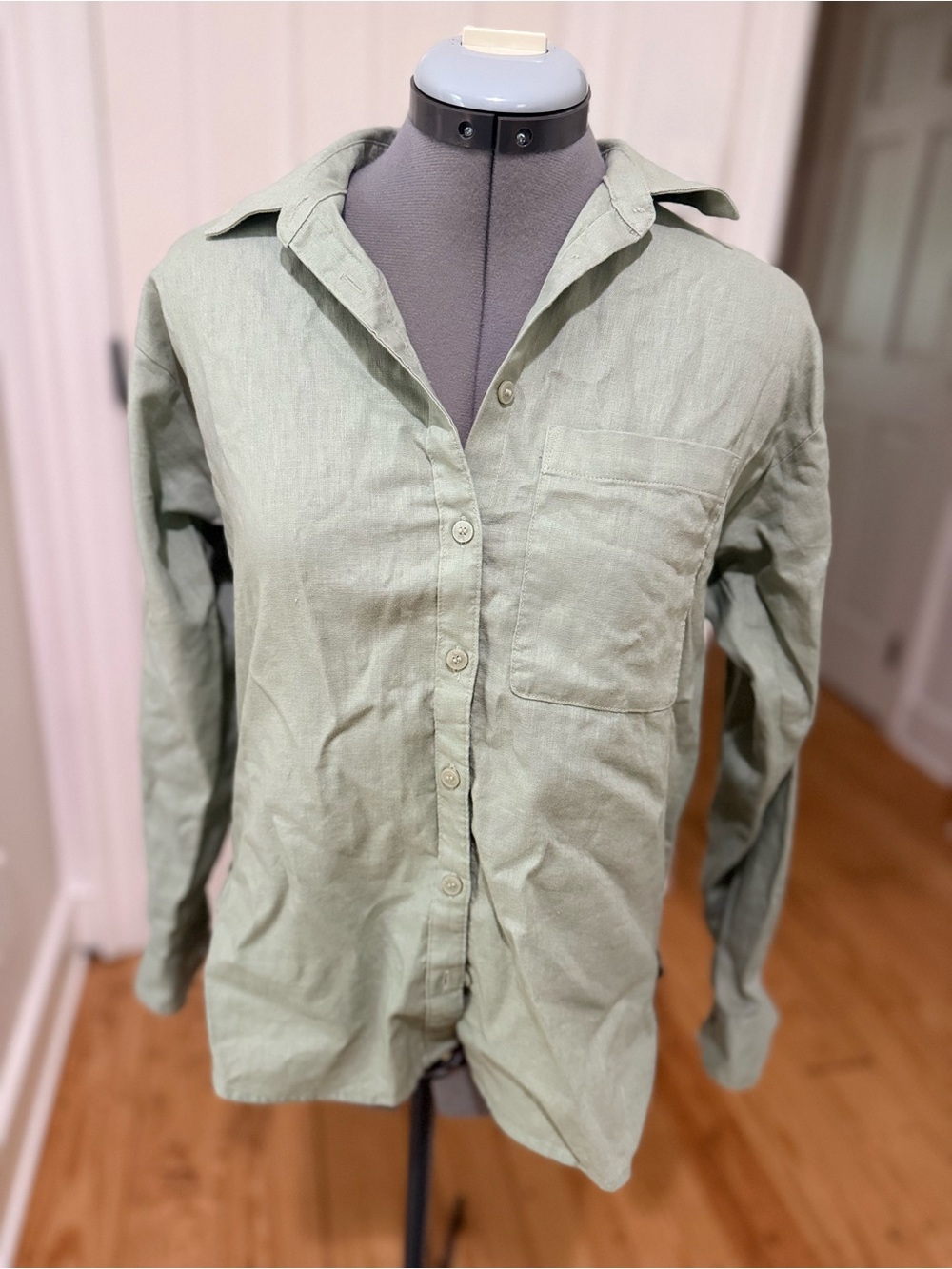 Women’s Sage Green Oversized Button-Up Shirt - Petite